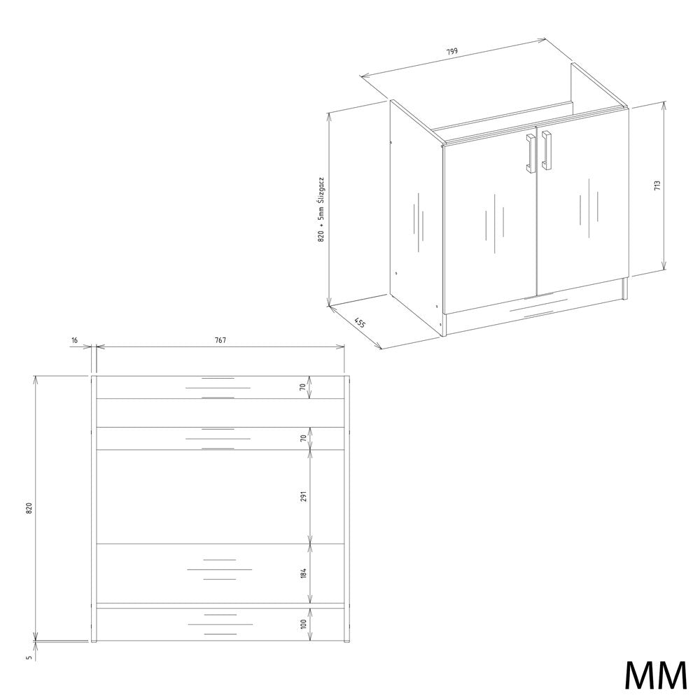 Underskab til vask, Bredde: 80 cm Dybde: 45,5 cm Højde: 82 cm, naturfarvet