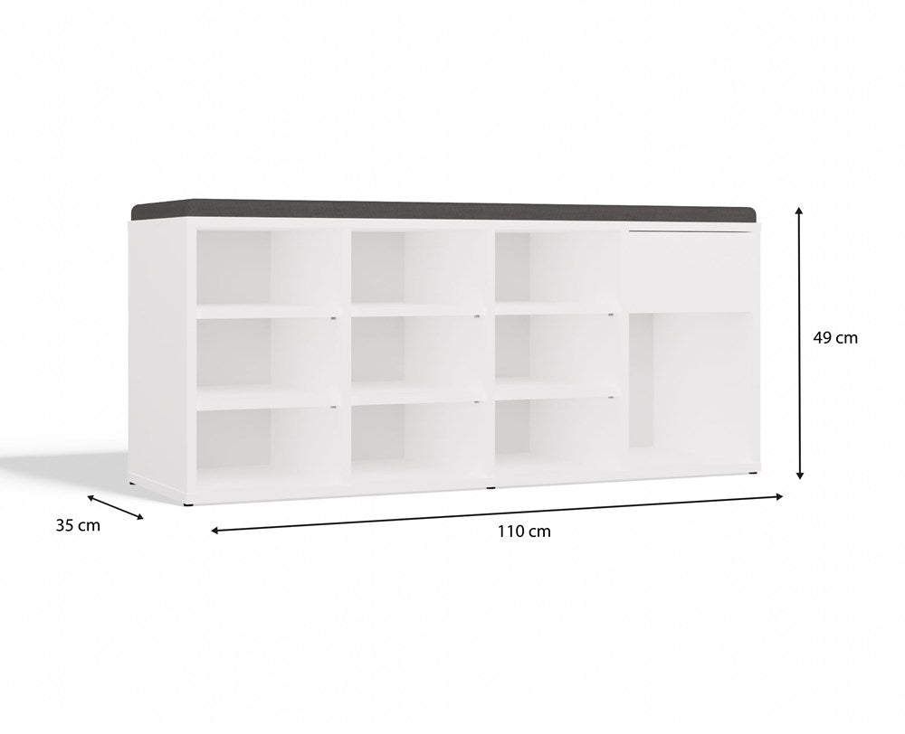 Åben skobænk med skuffe, hvid