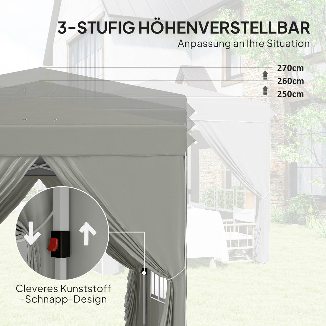 2,5 x 2,5 m pop-up pavillon med sidevægge og bæretaske, UPF50+ højdejusterbart havetelt, lysegrå