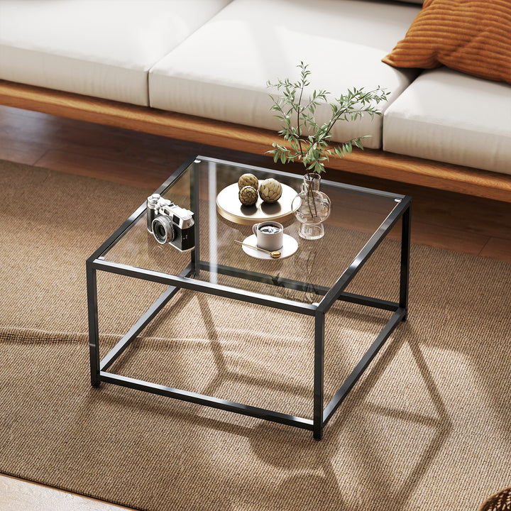 Firkantet sidebord/natbord med bordplade i hærdet glas, sofabord med stålben, 68 x 68 x 39 cm, sort