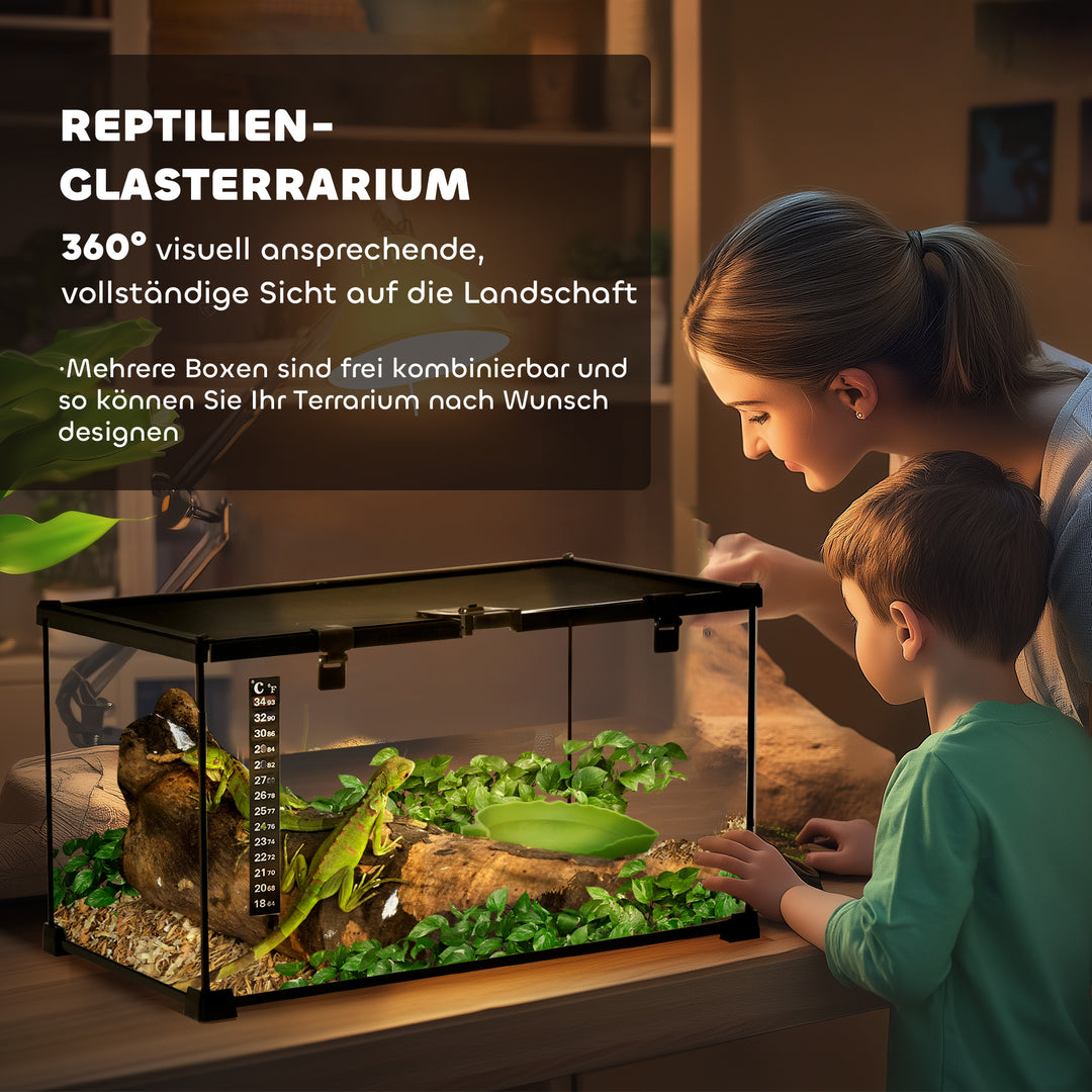 Reptile box terrarium, inklusive stribetermometer, foderklapper, 50 cm x 30 cm x 25 cm, glas + metal, sort