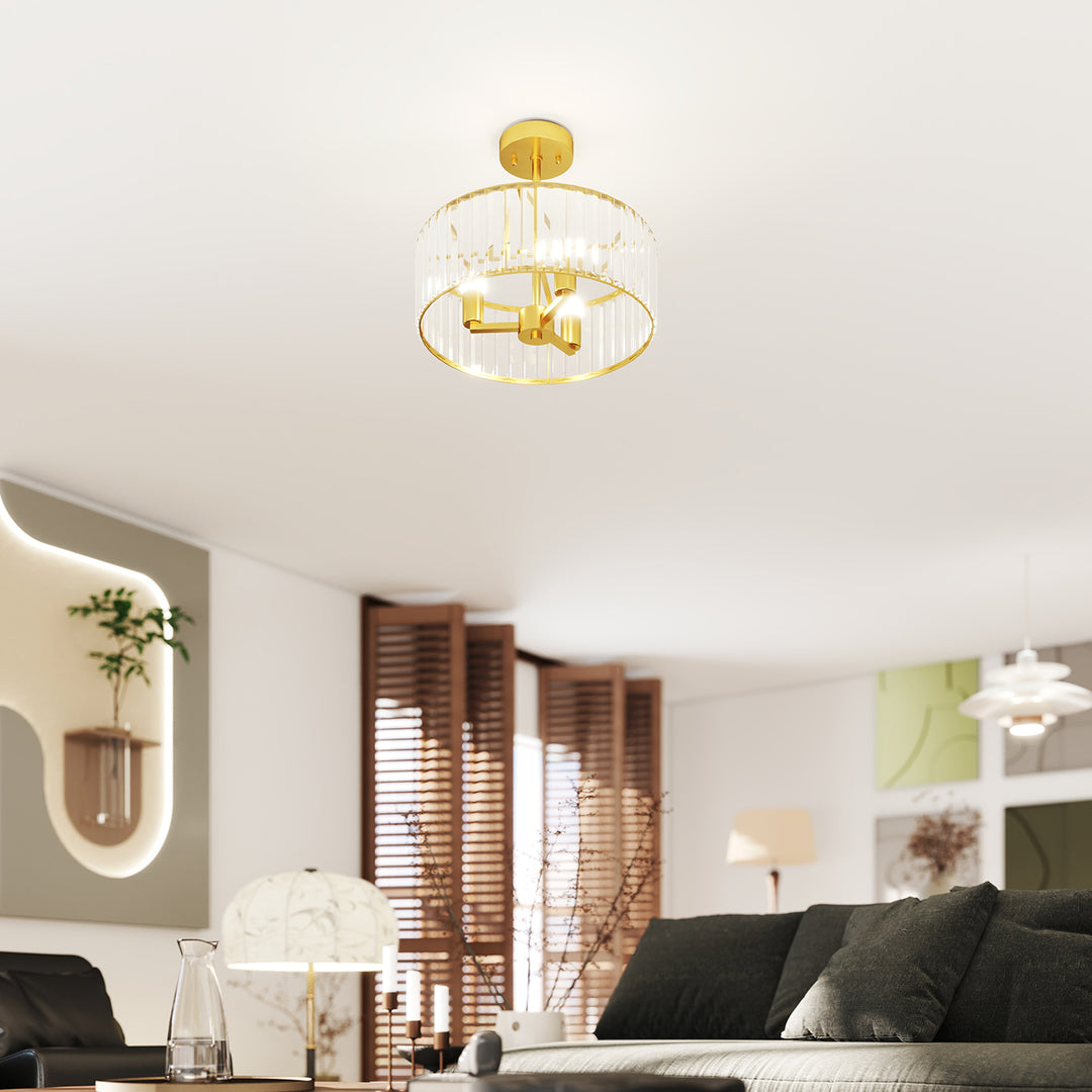 Loftlampe, lysekronedesign, krystalskærm, 3 pærer, metal, guld