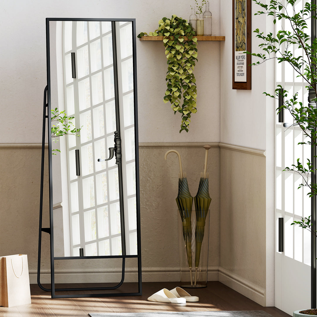 Helfigursspejl, industridesign, baghylde, 2 knager, metalramme, til soveværelse, 157 x 50 cm, sort