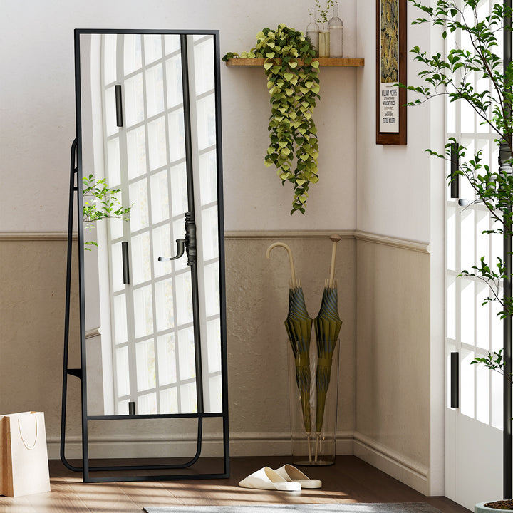 Helfigursspejl, industridesign, baghylde, 2 knager, metalramme, til soveværelse, 157 x 50 cm, sort