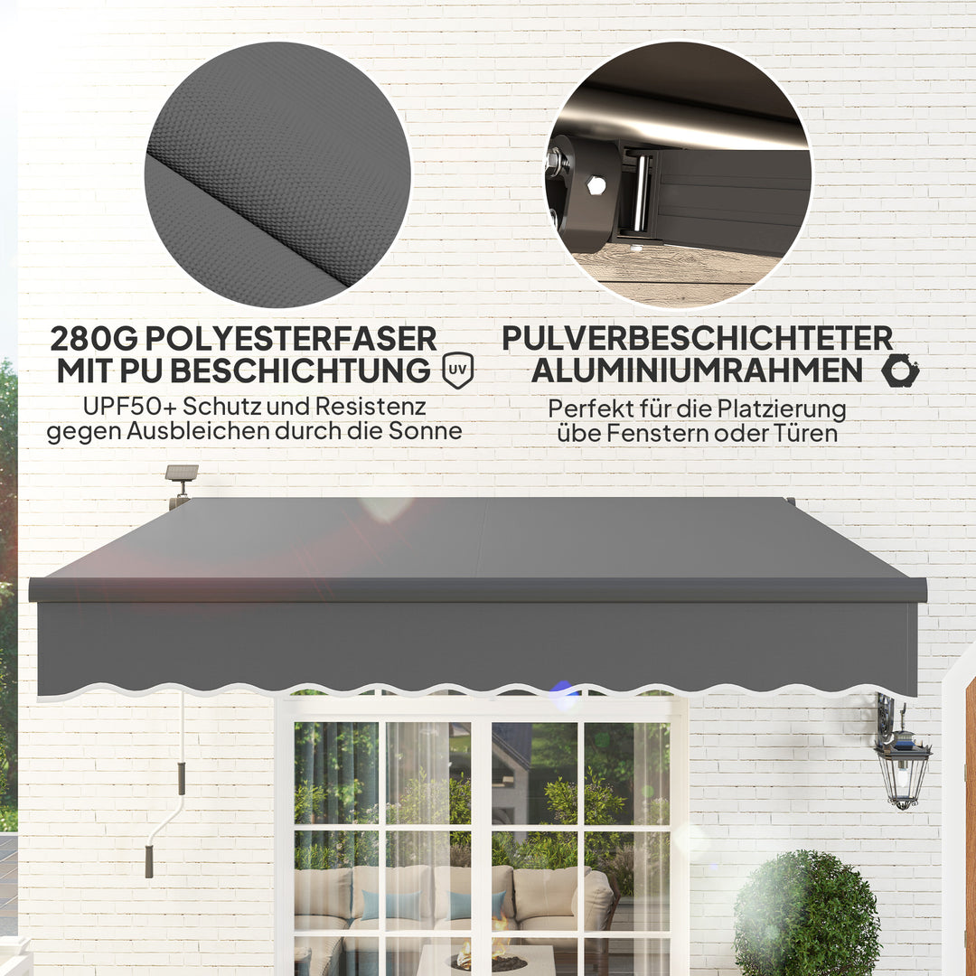 Klemmemarkise med håndsving solcellelampe leddelt armmarkise markise solbeskyttelse uv 50+ 300 cm bred grå