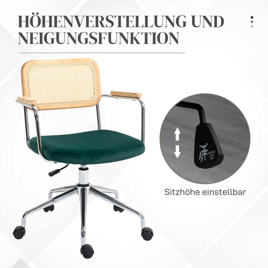 Kontorstol, boho design, armlæn i træ, drejelig, justerbar, op til 120 kg, stål, grøn