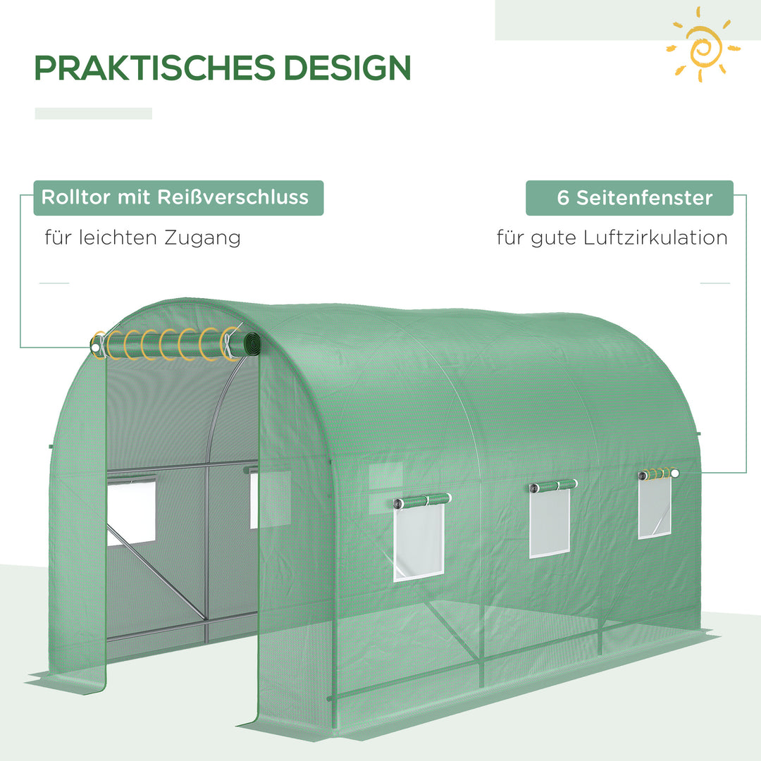 Drivhus 350x200x200cm plastdrivhus til tomathus med dør, 6 vinduer, galvaniseret stålfilmtunnel, pe, stabil drivhusplantetunnel, inklusive jordankre og reb, grøn