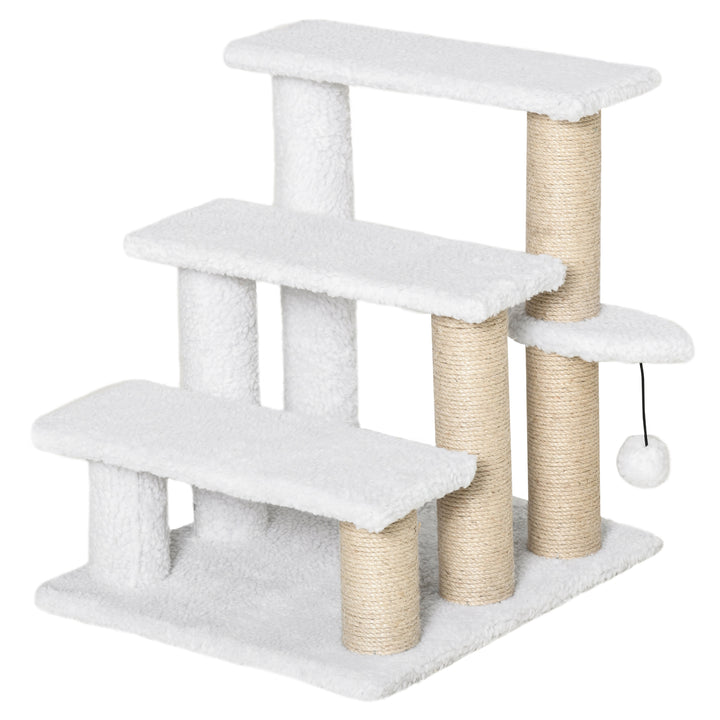 Kattetrappe 3-trins kæledyrstrappe med kradsetræer bold hundetrappe kæledyrstrappe til katte op til 5 kg plysjute hvid 45 x 40 x 48 cm