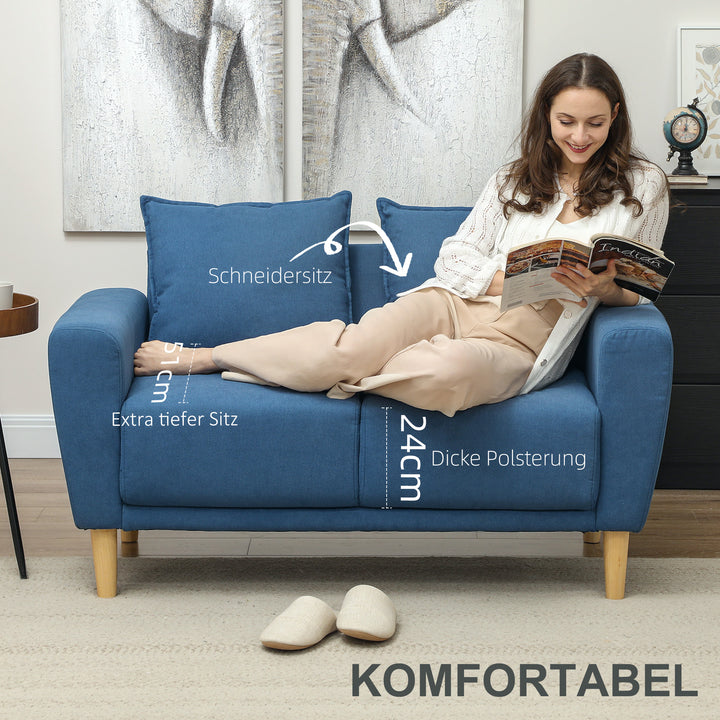 To-personers sofa, moderne stofsofa, 2 ryghynder, eukalyptustræstel, 133 x 73 x 81 cm, blå