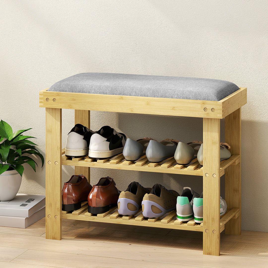 Skobænk med sæde, bambusbænk med opbevaring, 2 åbne rum, bænk 60 x 29 x 49 cm grå