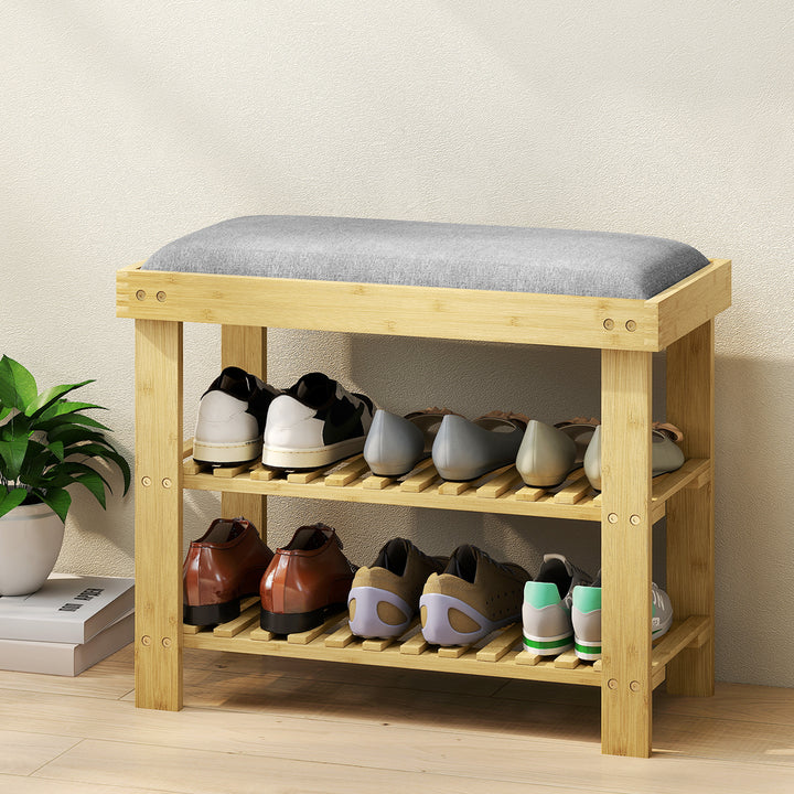 Skobænk med sæde, bambusbænk med opbevaring, 2 åbne rum, bænk 60 x 29 x 49 cm grå
