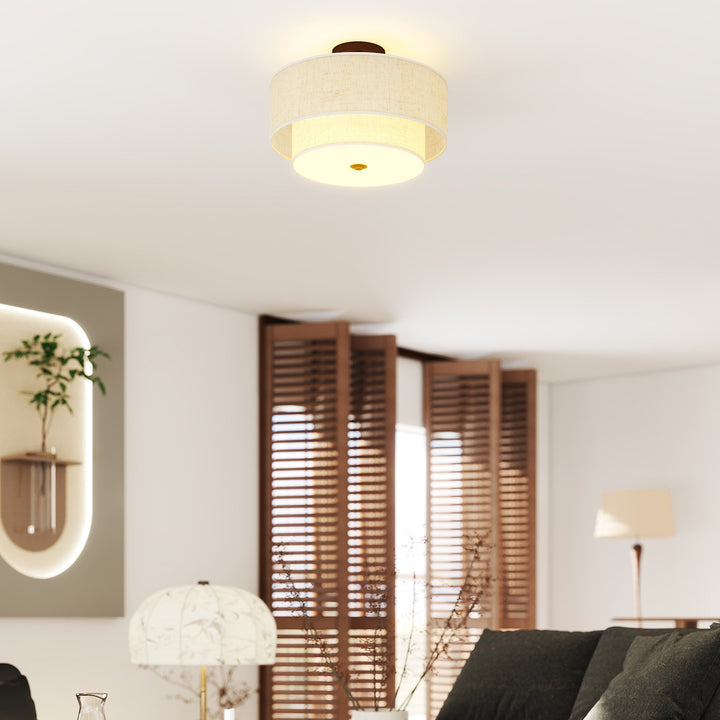 Loftlampe, pendel med dobbeltskærme i linned look, cremehvid