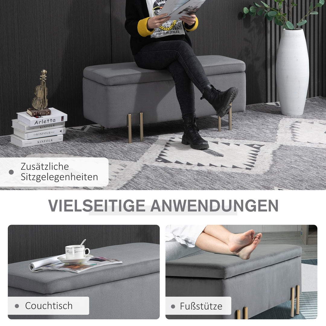 Bænk med opbevaringsplads, polstret bænk med fløjlslook, kommode med metalben, kommodebænk til stue, soveværelse, entre 100 x 40 x 42 cm, mørkegrå