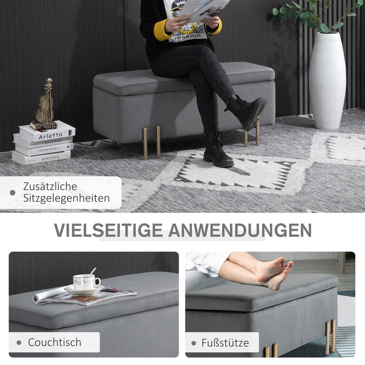 Bænk med opbevaringsplads, polstret bænk med fløjlslook, kommode med metalben, kommodebænk til stue, soveværelse, entre 100 x 40 x 42 cm, mørkegrå