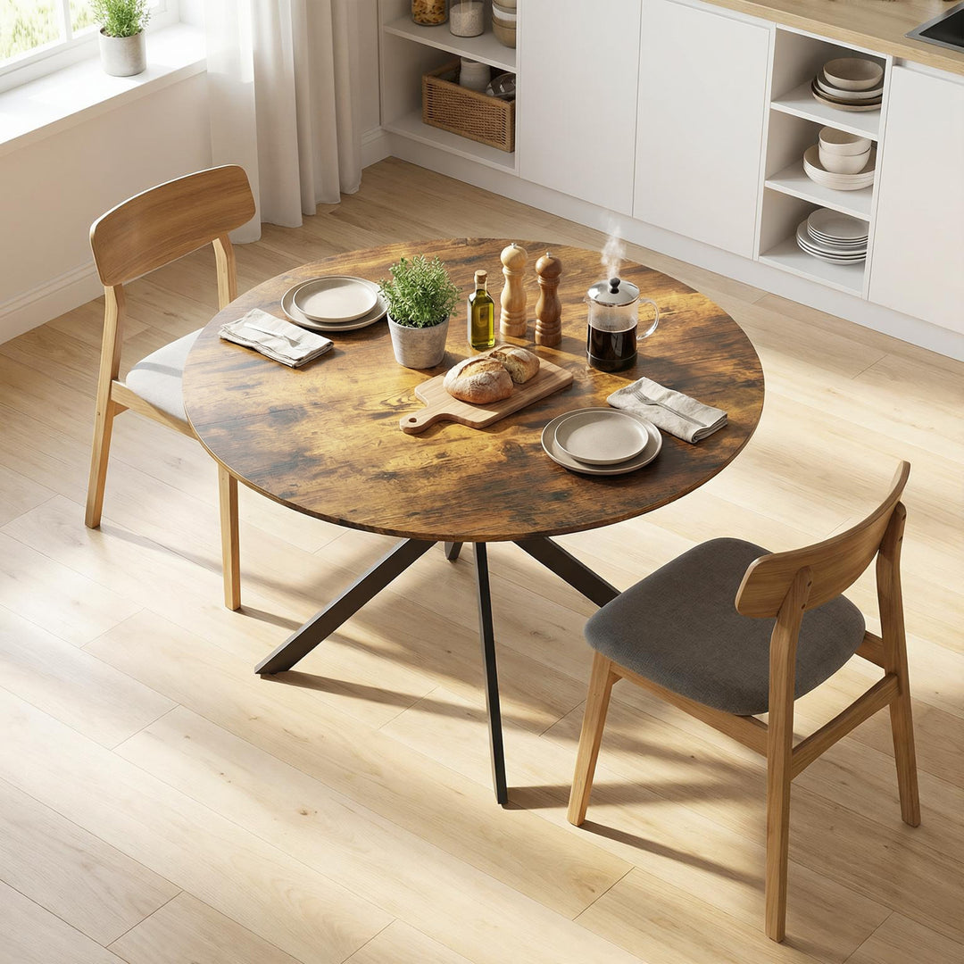 Rundt spisebord til 4 personer, industrielt køkkenbord med stålben, til spisestue, køkken, rustik brun