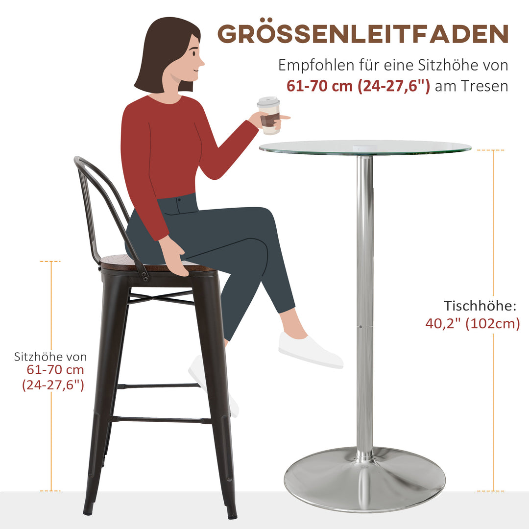 Barbord, rundt bord, hærdet glasplade, moderne design, 60 x 60 x 102 cm, sølv