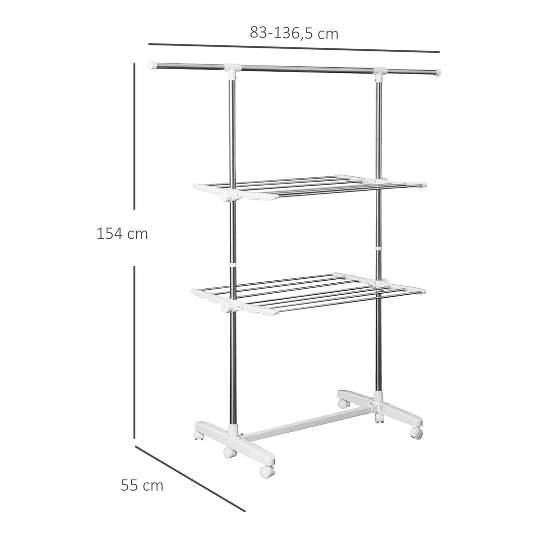 Udtrækkelig tørrestativ med 3 niveauer, foldbare vinger, hjul, indendørs og udendørs tørretumbler, hvid, 83-136,5 x 45,5 x 154 cm