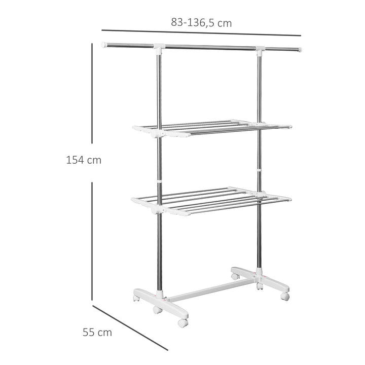 Udtrækkelig tørrestativ med 3 niveauer, foldbare vinger, hjul, indendørs og udendørs tørretumbler, hvid, 83-136,5 x 45,5 x 154 cm