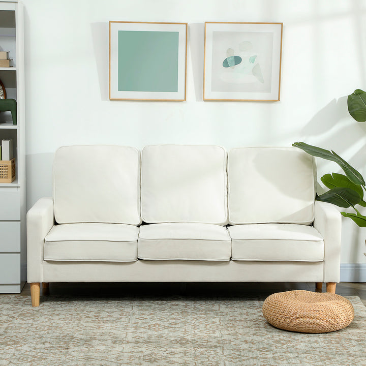 3-personers sofa med tykke hynder, gummitræ, stofbetræk, polstret sofa til stue, kontor, soveværelse, cremehvid