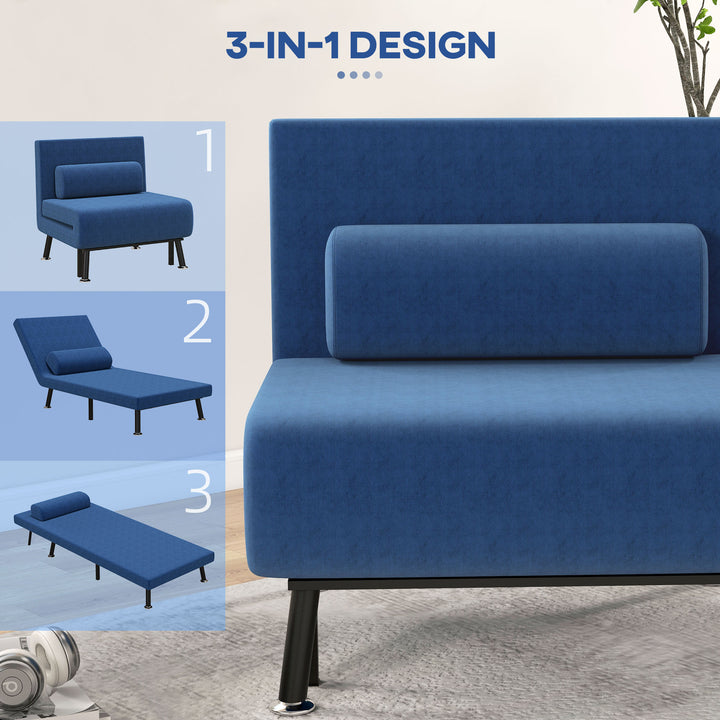 Klapstol med sengefunktion, foldbar afslapningsstol i linnedlook, justerbar ryglæn, 75x70x75 cm, mørkeblå