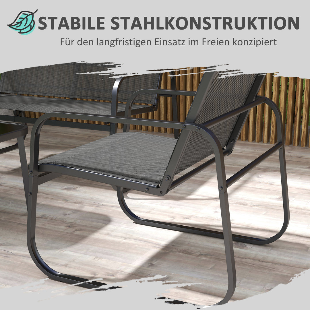 Havemøbelsæt med 4 dele, 2 lænestole, 2-personers sofa, glasbord, åndbart stof, metalstel, sort