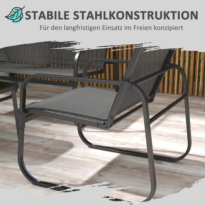 Havemøbelsæt med 4 dele, 2 lænestole, 2-personers sofa, glasbord, åndbart stof, metalstel, sort