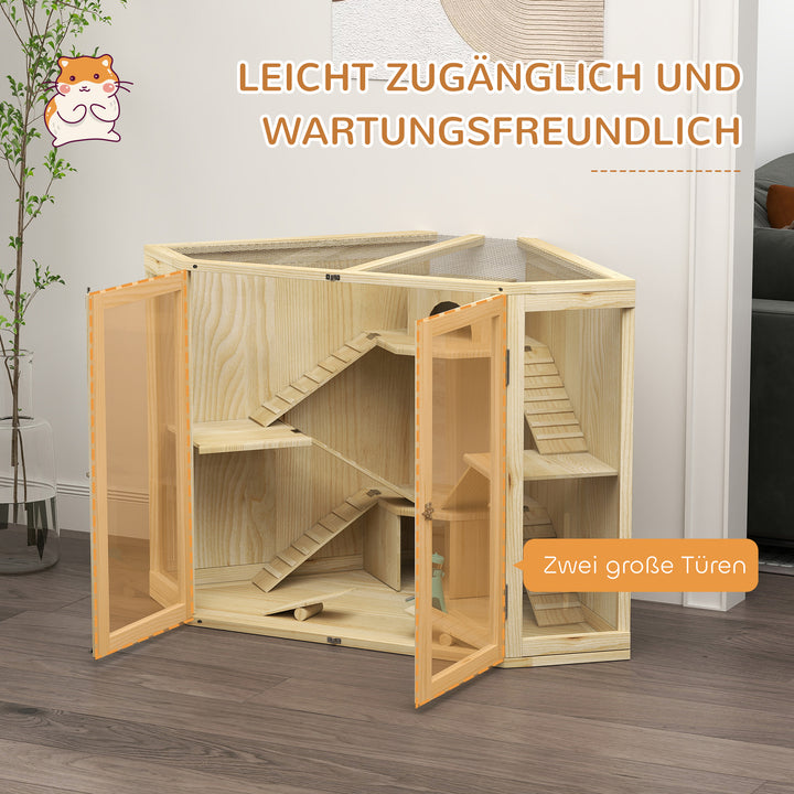 Hamsterbur, 4-etagers design, med foderstation, vippe, rampe, hytter, 115 x 69,5 x 79 cm, træ