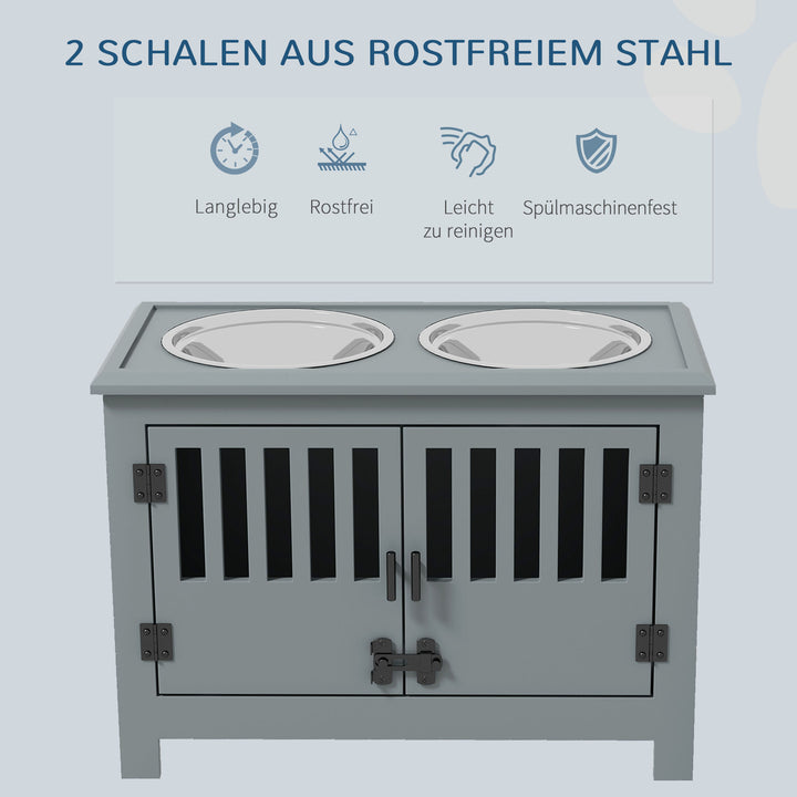 Forhøjet foderstation til store hunde, 2 rustfri stålskåle, opbevaringsplads, 35,5 x 60 x 30 cm, grå