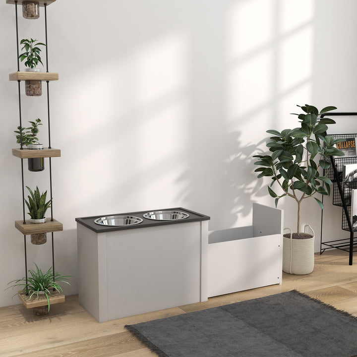 Foderstation hævede foderskåle 1 opbevaringsplads 2 foderskåle i rustfrit stål, 60 x 30 x 42 cm, hvid + grå