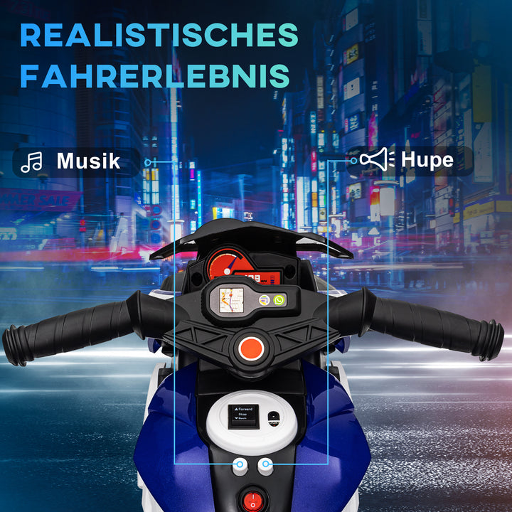 Elektrisk børnemotorcykel, lys og lyd, 3 km/t, genopladelig, plast og metal, blå/hvid