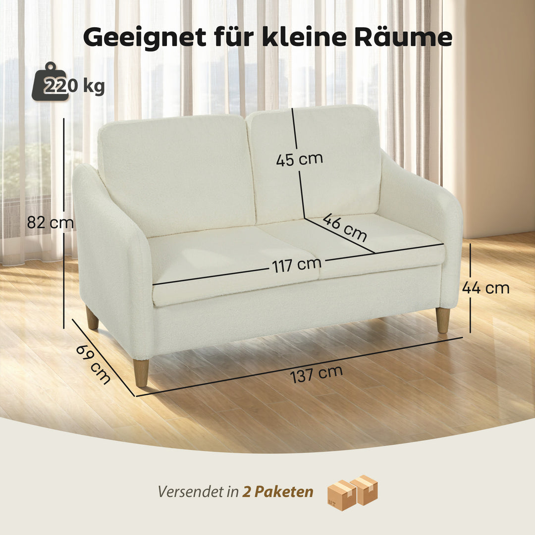 2-personers sofa, lille sofa med sherpa fleece-look, 137 cm, til stuen, cremehvid