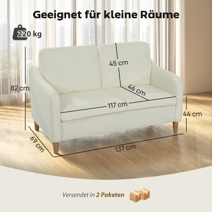 2-personers sofa, lille sofa med sherpa fleece-look, 137 cm, til stuen, cremehvid