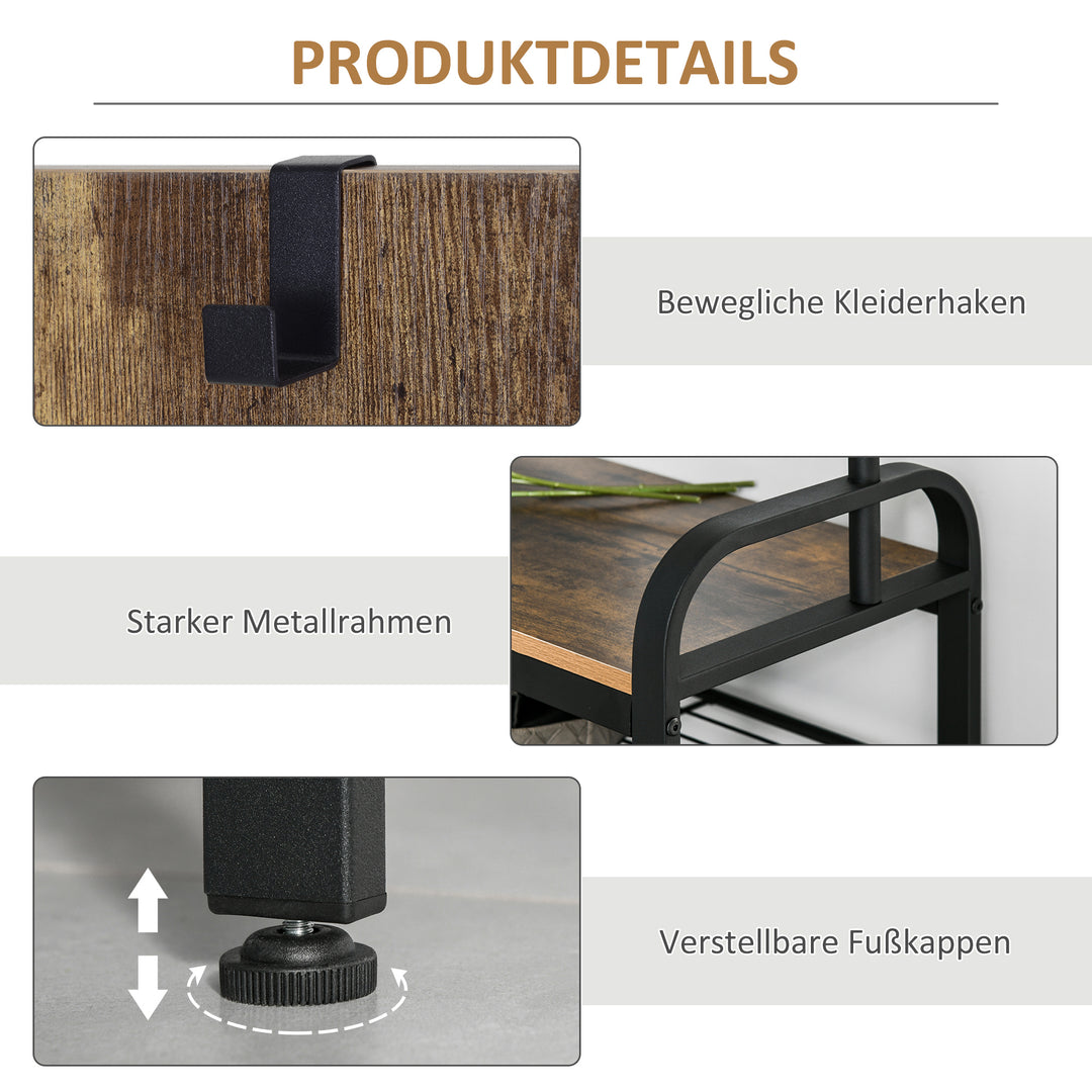 Knagerække skohylde tøjstativ med 8 knager 2 hylder mdf sort 72 x 34 x 185 cm