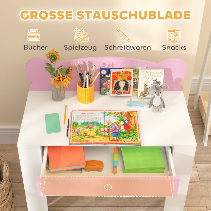 Børne skrivebordssæt, bjørneformet skrivebord og stol med skuffe, til skrivning og kreativitet, alder 3-8, pink