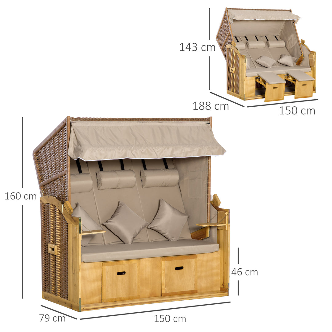 Strandstol/solseng med baldakin, 2 klapborde, fodstøtte, chaiselong, justerbar ryglæn med 5 positioner, XXL polyrattan, naturlig finish, 150 x 79 x 160 cm