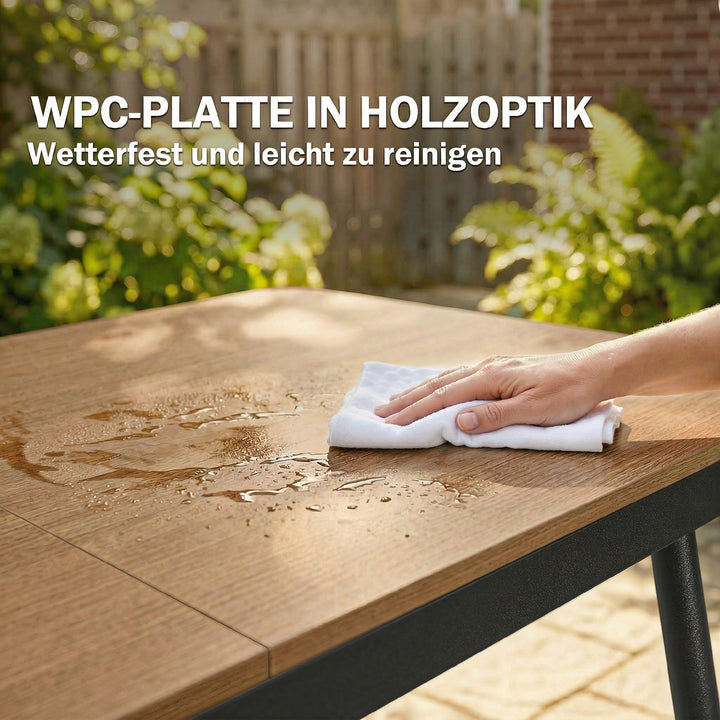 Havebord 140 x 80 cm til 6 personer, rustbestandigt udendørs spisebord med WPC-bordplade, justerbare fødder, teak