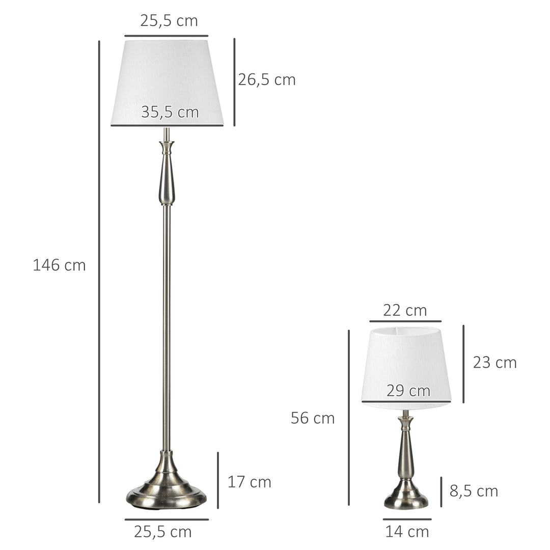 3-Delt lampesæt i vintage design, 2 bordlamper, 1 gulvlampe, 35,5 cm x 35,5 cm x 146 cm, sølv + hvid