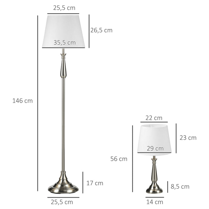 3-Delt lampesæt i vintage design, 2 bordlamper, 1 gulvlampe, 35,5 cm x 35,5 cm x 146 cm, sølv + hvid