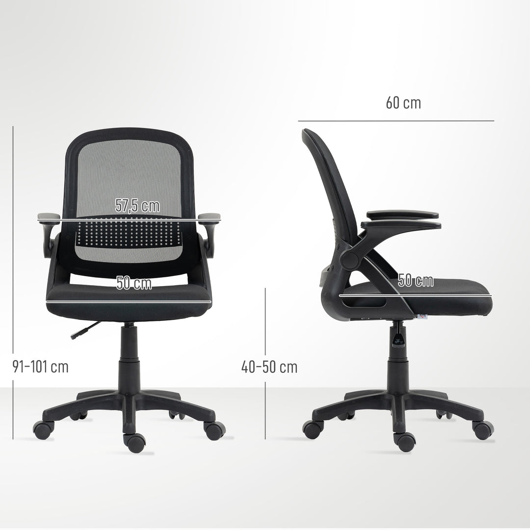 Åndbar netkontorstol, ergonomisk drejestol med foldbare armlæn og lændestøtte, sort