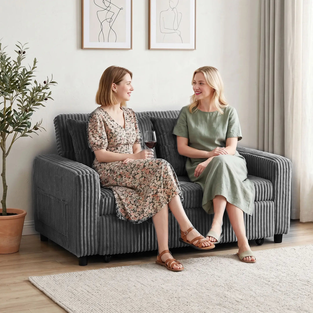2-personers sovesofa i fløjl, omdannes nemt til seng, inkl. 2 puder og sidelommer, 157 x 190 cm, mørkegrå