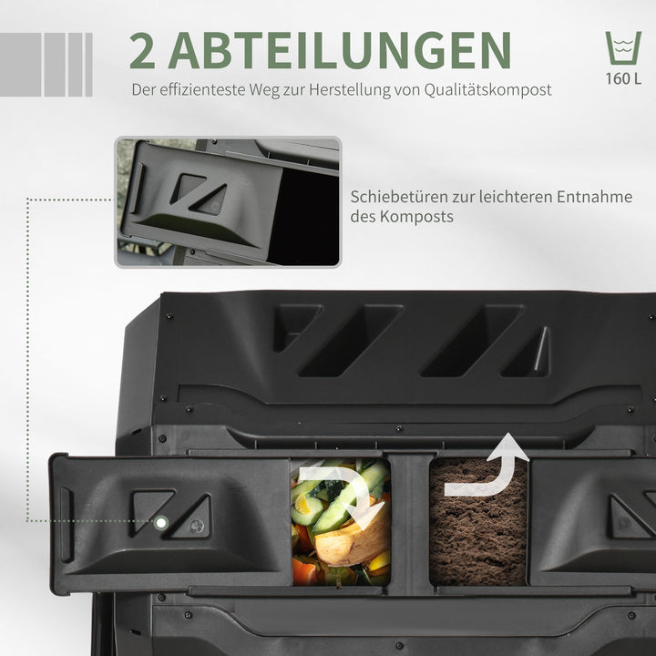 Kompostbeholder med 2 rum, 160 L kapacitet, drejelig, 71 cm x 65 cm x 96 cm, sort