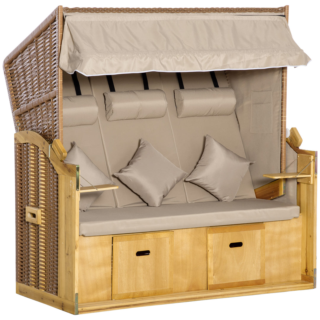 Strandstol/solseng med baldakin, 2 klapborde, fodstøtte, chaiselong, justerbar ryglæn med 5 positioner, XXL polyrattan, naturlig finish, 150 x 79 x 160 cm
