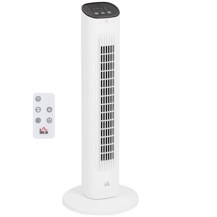 85° oscillerende tårnventilator med fjernbetjening, 3 hastigheder, 2 tilstande, timer, LED-display, 30x30x78 cm, hvid