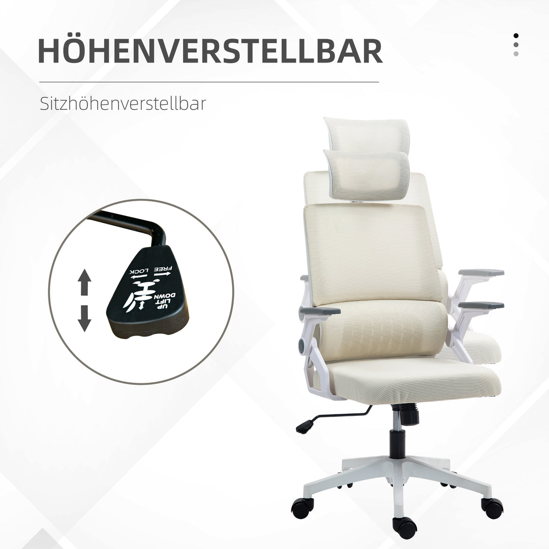 Kontorstol, skrivebordsstol, højdejusterbar, 1 nakkestøtte, 60 x 61 x 121,5 cm, beige