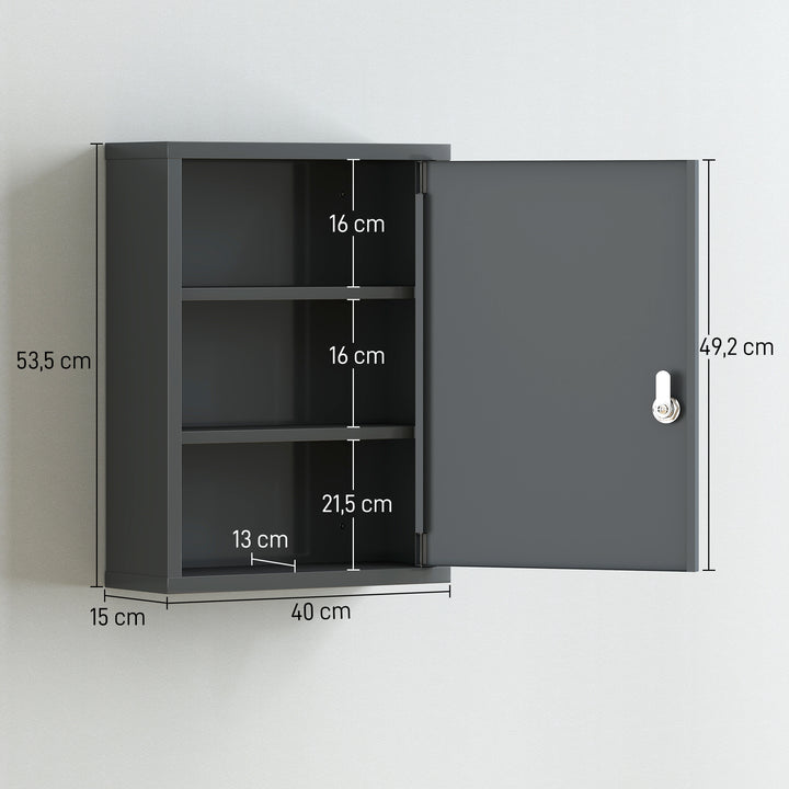Vægmonteret medicinskab med lås, 3-etagers stålvægskab, 40 x 15 x 53,5 cm, trækulsgrå