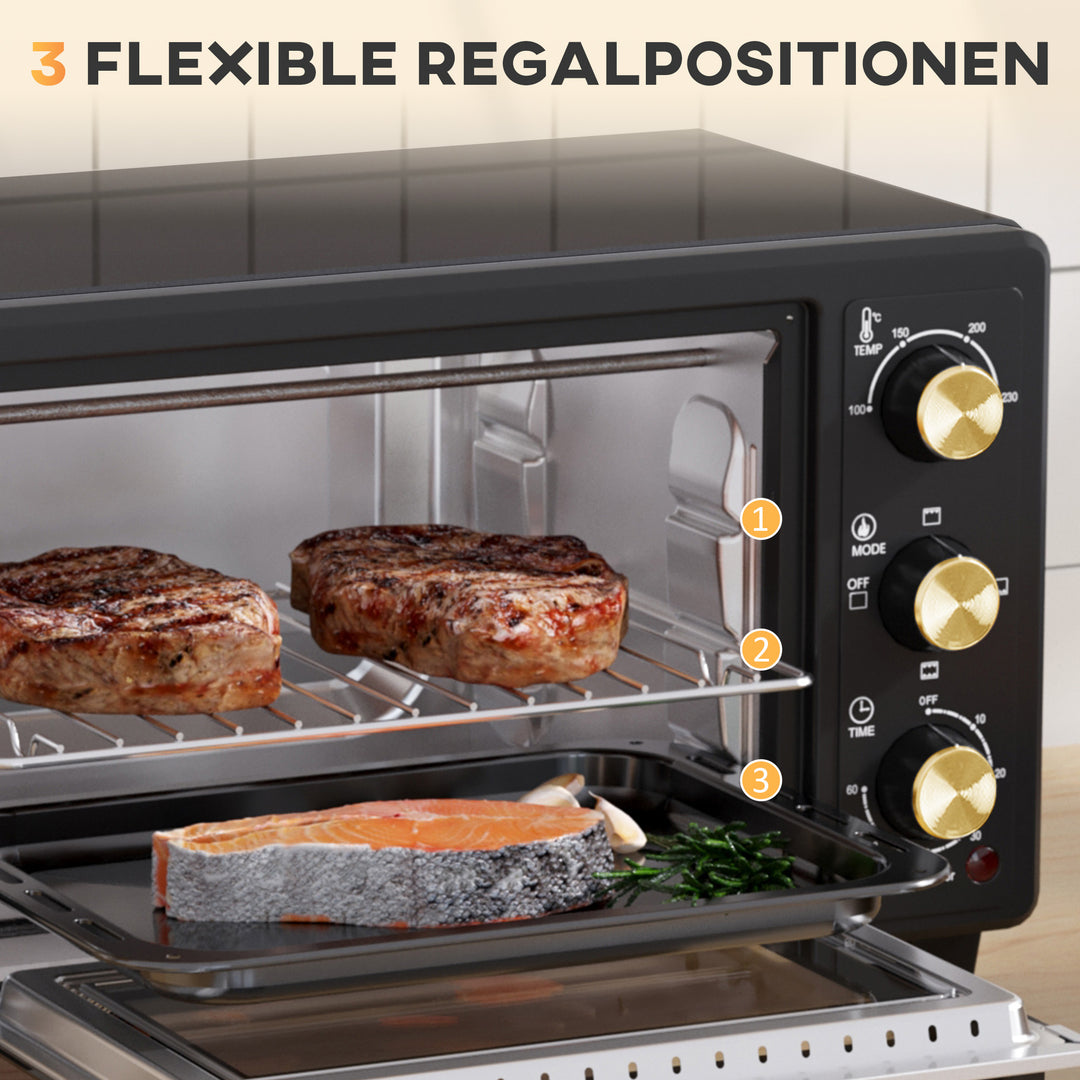 Miniovn, brødristerovn, timer, bagerist, bageplade, glasvindue, metal, sort