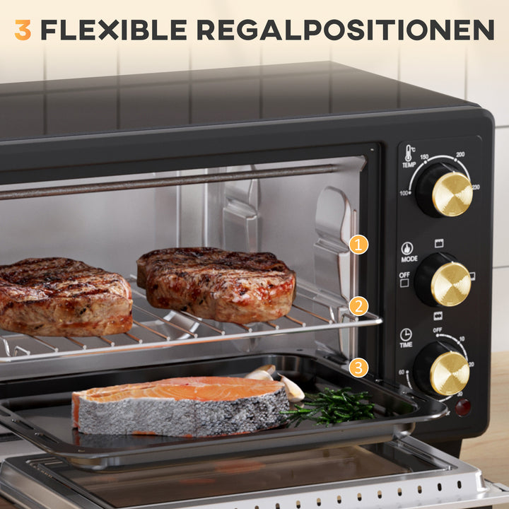 Miniovn, brødristerovn, timer, bagerist, bageplade, glasvindue, metal, sort