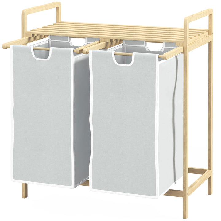 Vasketøjskurv med 2 vasketøjsposer, 1 hylde, bambus, 63,5 cm x 33 cm x 73 cm, lysegrå + natur