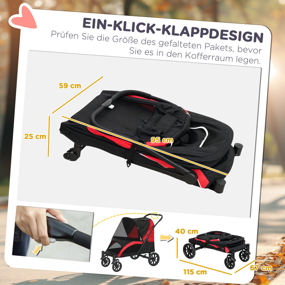 Hundeklapvogn, sammenklappelig hundeklapvogn til store hunde, kæledyrsklapvogn med 4 hjul, sikkerhedsline, bremser, sort