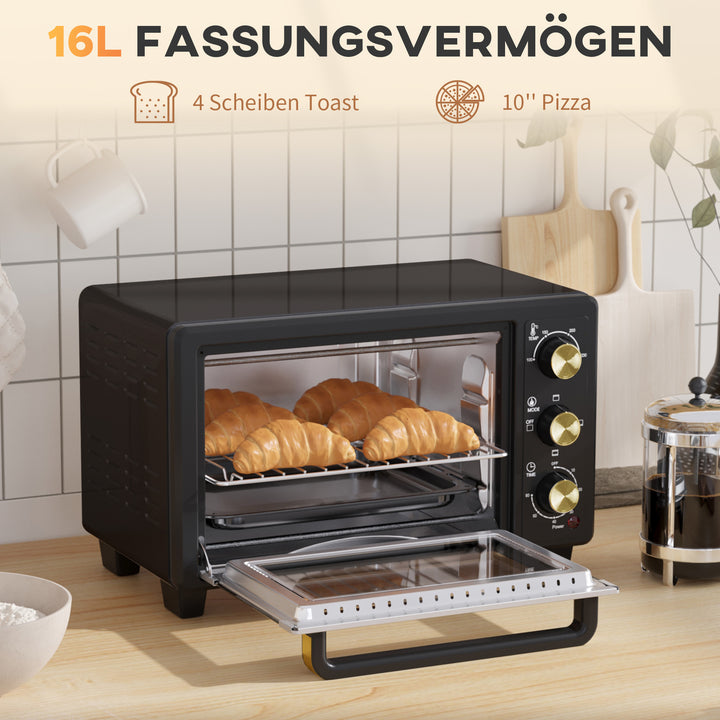 Miniovn, brødristerovn, timer, bagerist, bageplade, glasvindue, metal, sort